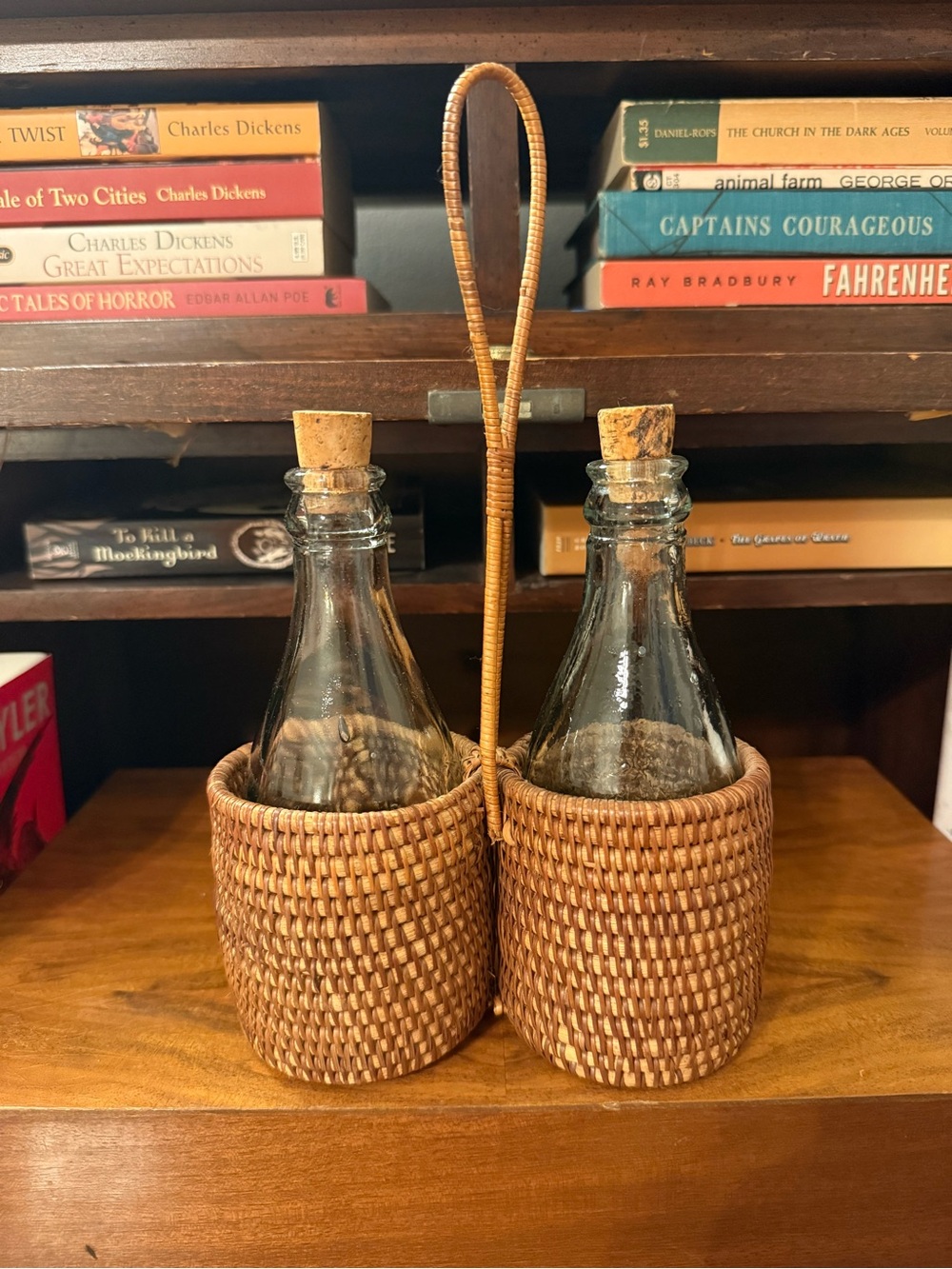 Vintage Woven Double Bottle Carrier with Cork-Top Glass Bottles Oil Vinegar